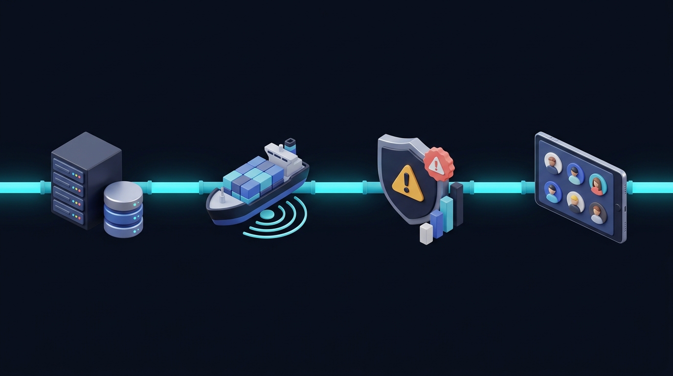 How It Works — 3D pipeline illustration showing Connect, Track, Flag, and Share steps